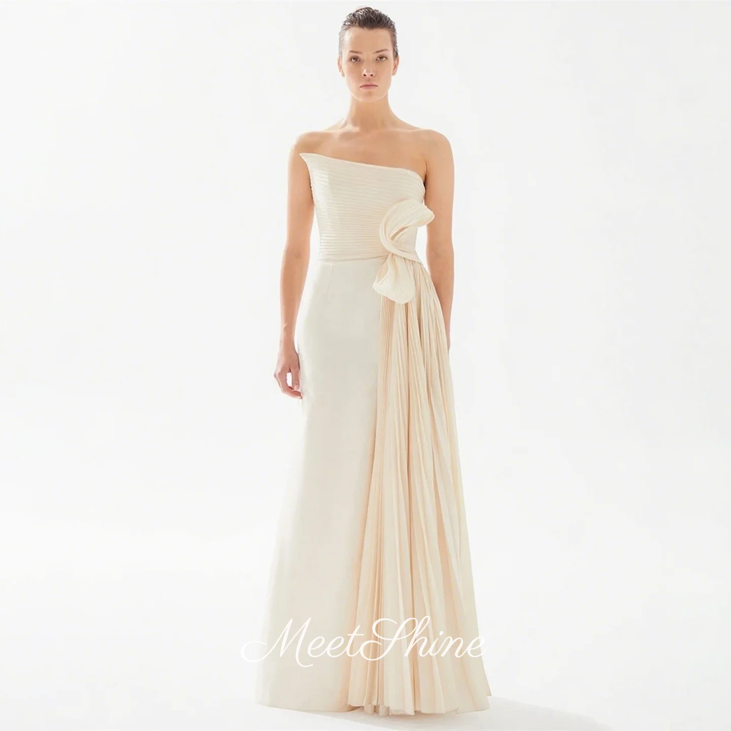

Simple Strapless Beige Pleated Chiffon Evening Dresses Duabi Side Slit Sleeveless Prom Dress Wedding Party Dress Customized