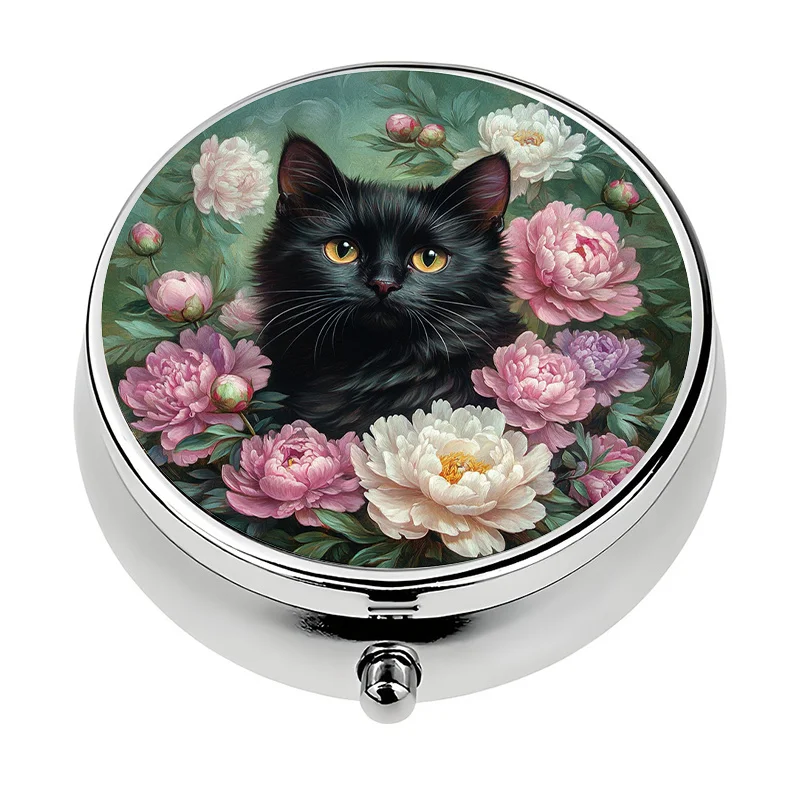 Black cat and peony pattern single pill box, compact three-compartment design, perfect for organizing medication and also makes a unique travel gift