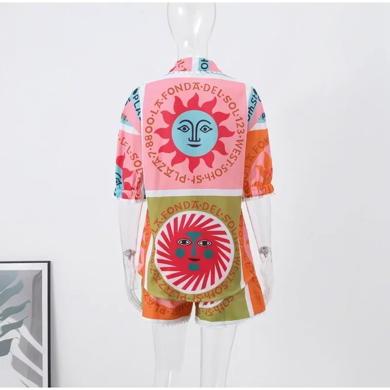 Print Casual Beach Shorts Sets Women Loose Short Sleeve Turndown Collar Shirt High Waist Female Suit 2024 Spring Summer Lady Set