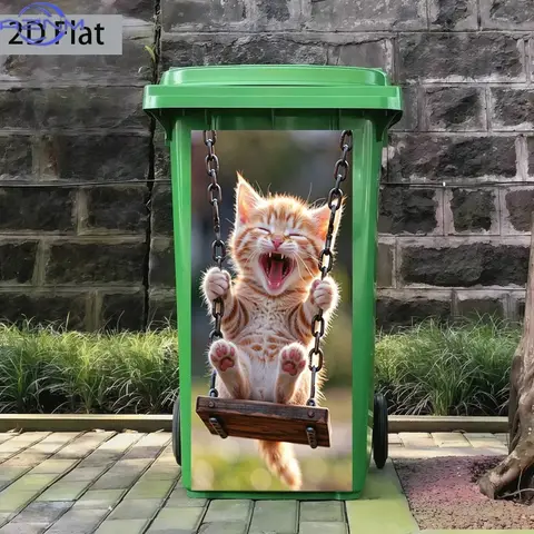 2D Flat Printing 1pc Trash Can Sticker 37×82cm, Swinging Kitten Smiling Brightly Themed Design, Self-Adhesive Wall Decal Wallp