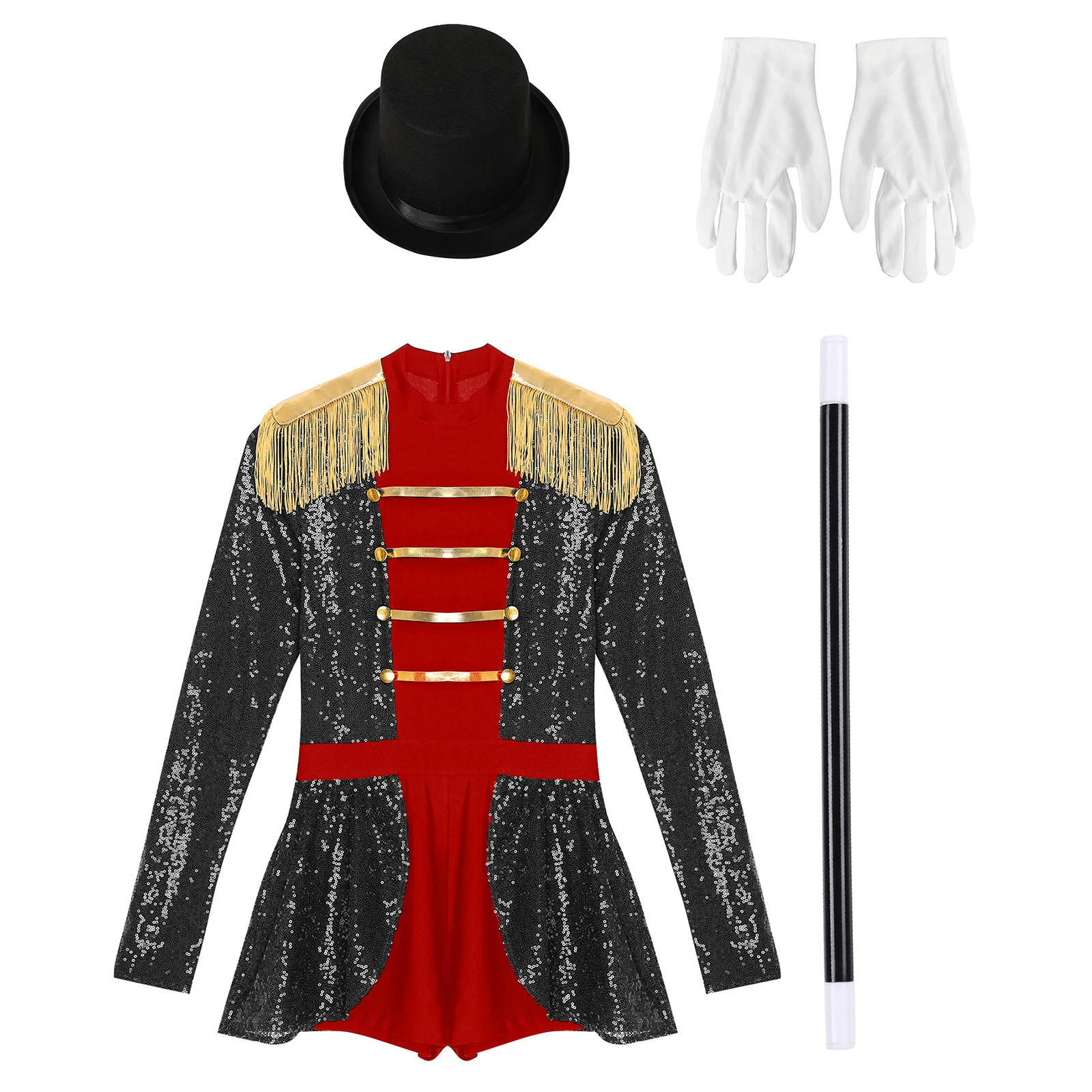Women Circus Ringmaster Lion Tamer Cosplay Costume Set Tassel Zipper Sequin Circus Bodysuit with Hat Magic Wand Magician Gloves