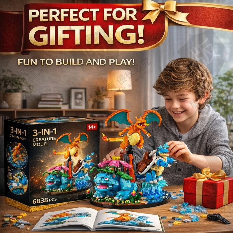 Giant Big Creature Model Building Blocks 3 in 1 Fire Water Grass Monster Diorama Large Scale Bricks Set Adult Collection Toy