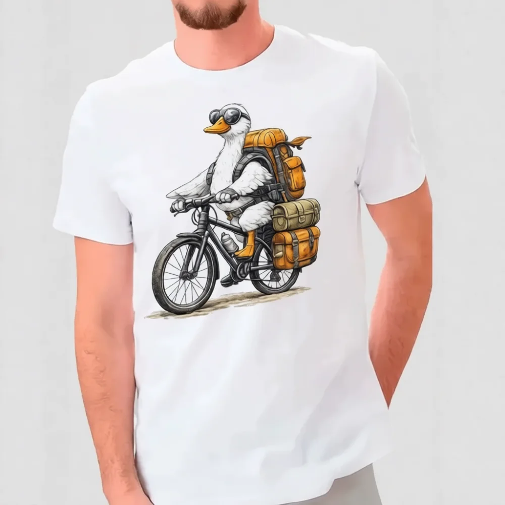 Casual Loose T Shirt Men Cotton Cycling Goose Print Tee Short Sleeve Round Neck Breathable Fashion Summer Top