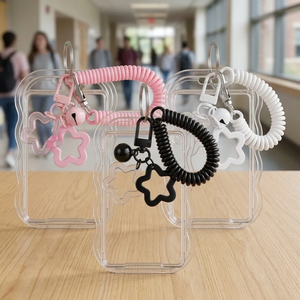 Transparent Silicone Card Holders 3-Pack with Coiled Spring Lanyard and Star Pendant Bells for Quick Scan and Portability