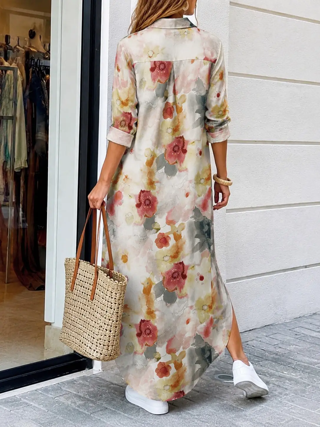 Summer Loose-Fitting Printed Shirt Dress for Women, Long Dress with Lapel Collar and Button-Up Cardigan Style, Casual Vacation Beach Commute Outerwear Dress view 4
