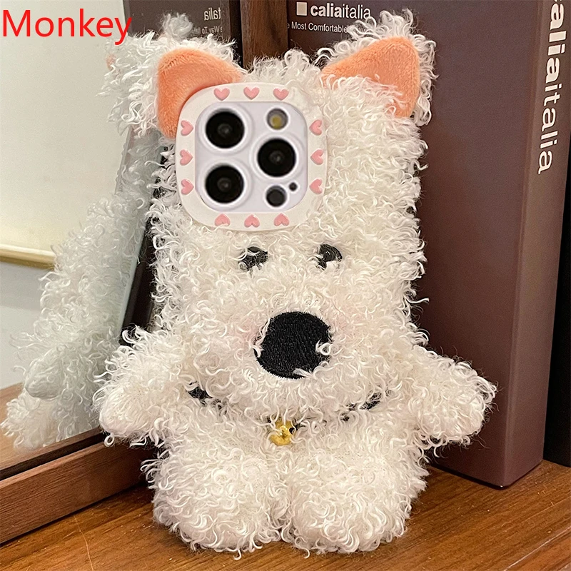 3D Cute West Highland Dog Fluffy Plush Phone Case For iPhone 16 Plus 15 Pro Max 14 13 12 11 Warm Winter Soft Silicone Back Cover
