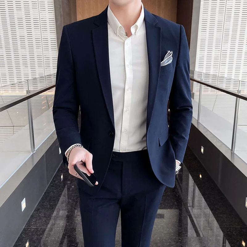 

High Quality Formal Casual Banquet Fit Trousers Included Men's Stylish Handsome Solid Color Suit Two-Piece Set M-4XL