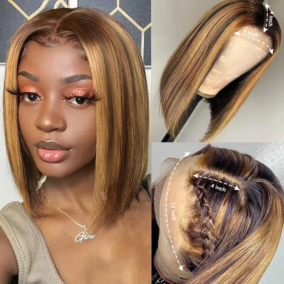 180% Highlight Short Straight Bob 13x4 Wig Brazilian Bob HD Lace Frontal Wigs For Women Honey Blonde Lace Front Human Hair Wigs