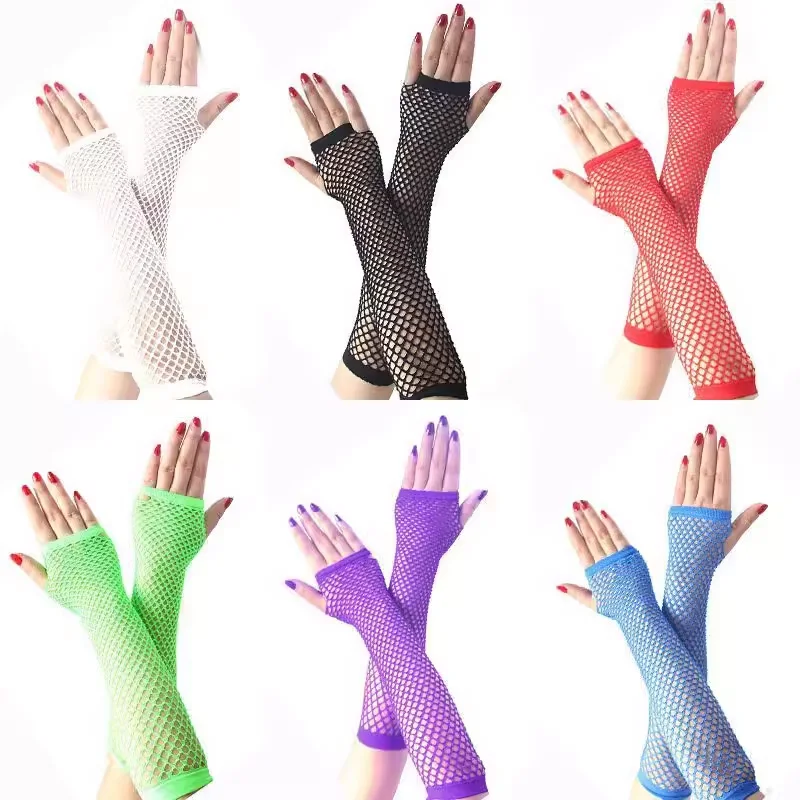 1Pair Fashion Lace Mesh Gloves Sexy Fishnet Fingerless Long Gloves Party Arm Sleeve For Women Colorful Neon Fingerless Gloves