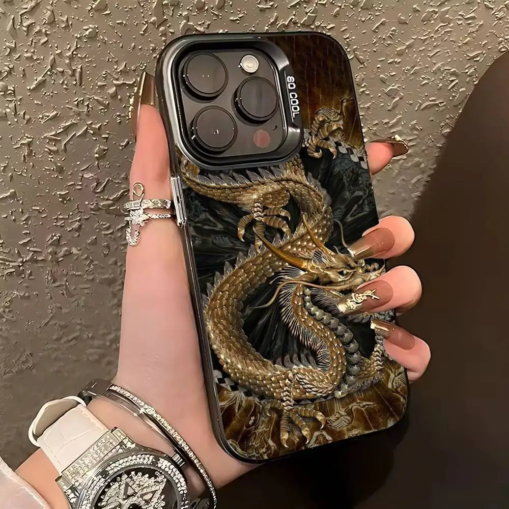L-Luxury D-Dragon E-Capa de telefone em relevo para iPhone 17,16,15,14,13,12,11 Plus, Pro Max, XS, capa de telefone prateada colorida