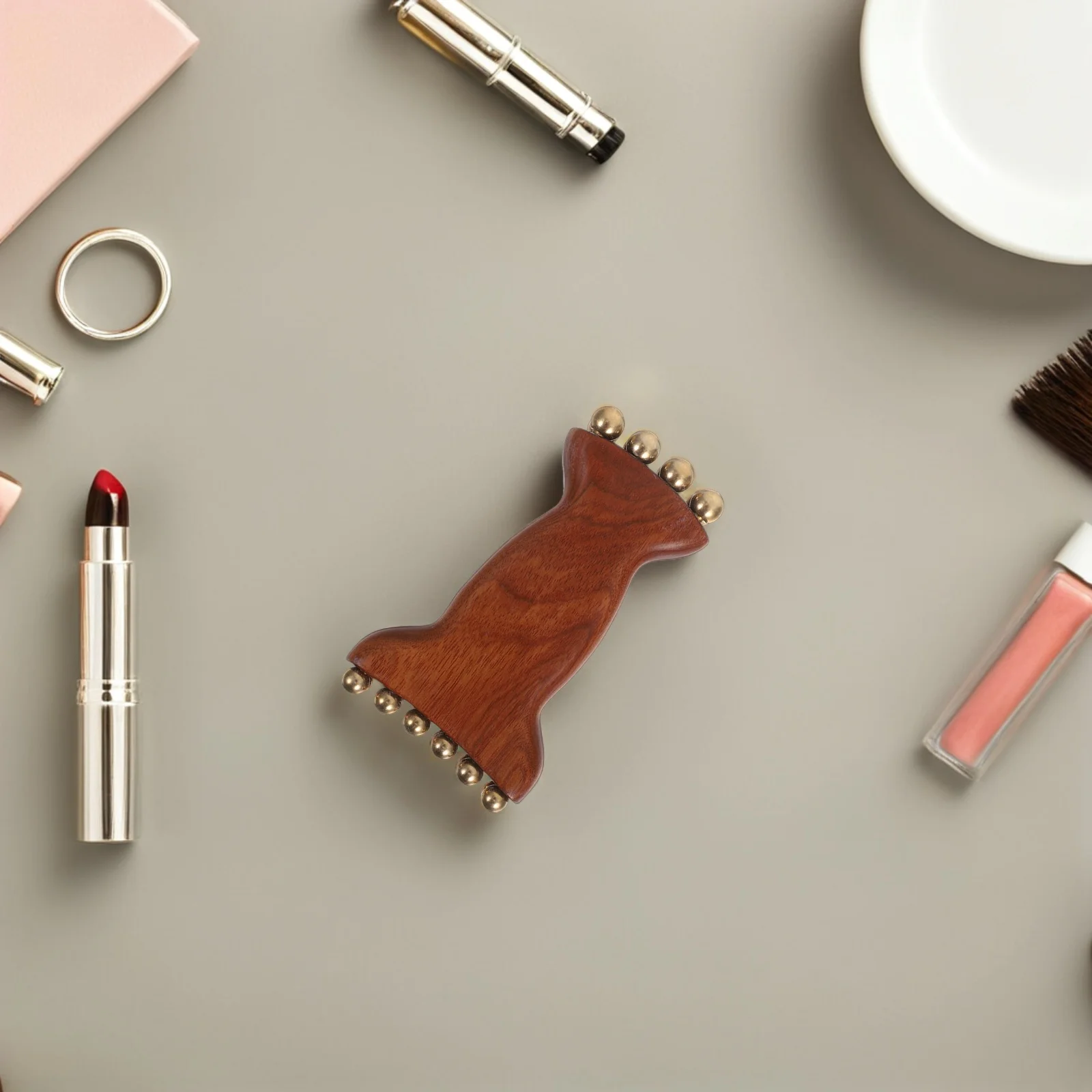 황동 구슬이 있는 샌달우드 얼굴 마사지기 수동 목재 마사지 도구 얼굴 목 괄사 지압점 이완 피부 관리