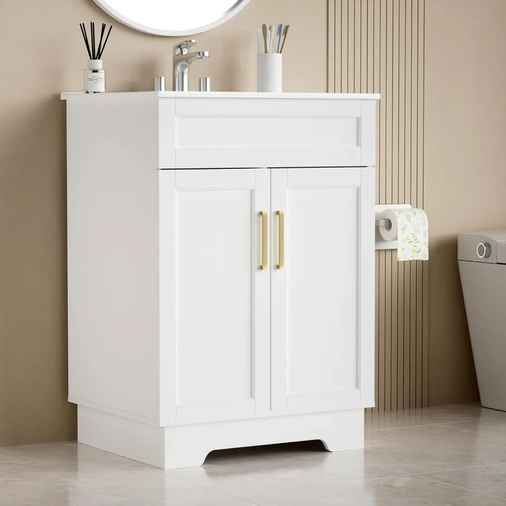 Bathroom Vanity with Ceramic Sink, Bathroom Vanity Cabinet with 2 Doors, 24 Inches Wooden Bathroom Sink Cabinet