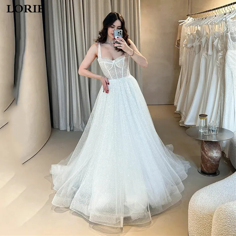 LORIE A-Line Shiny Evening Dress Sweetheart Glitter Tulle Wedding Dress Spaghetti Strap Prom Gowns Bride Formal Party Dress