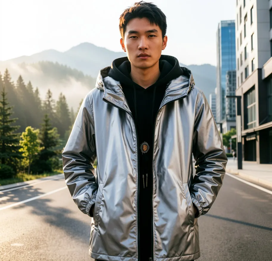 Frühlings- und Herbst-Glanzjacke, große Größen, trendige Marke, reflektierende Herrenjacke aus hellem Stoff in Silber, lässige sportliche Kapuzenjacke – Detail 8