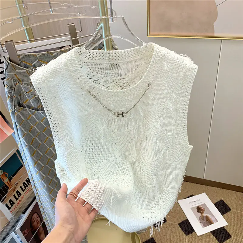 Women's Y2K Round Collar Knitted Tops Chic Summer Corset Korean Suspenders Vest Fashion Tassel Solid Sexy Camisole Slim New Z968