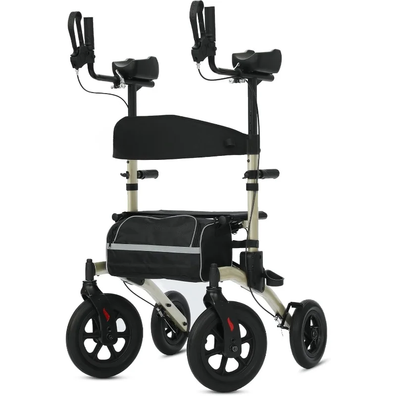 

All-Terrain Upright Rollator Walker, Stand up Rolling Walker with Seat, 12” Non-Pneumatic Tire Wheels, Compact Folding