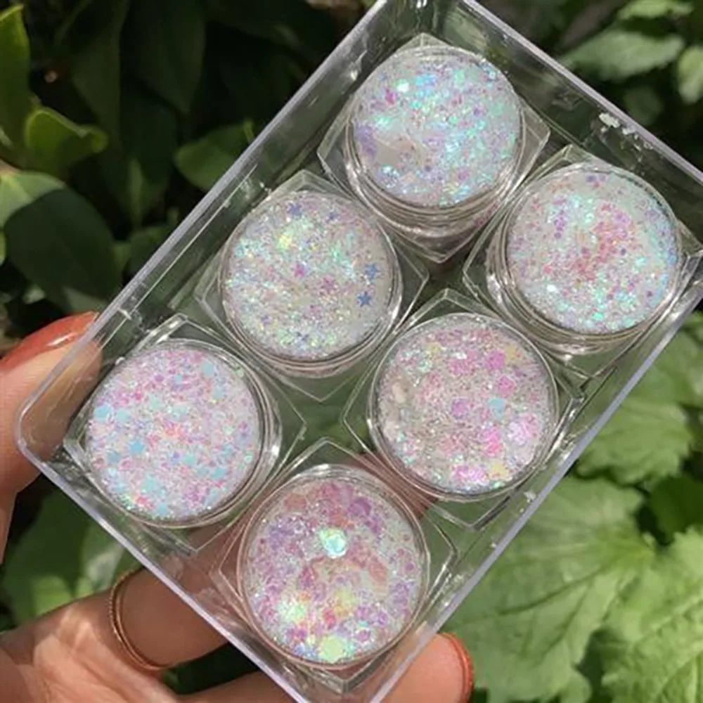 6Jars/Set Cute Colorful Eyeshadow Glitter Gel Stage No Glue Required Heart Star Moon Sequins Face Hair Body Nail Glitter Gel