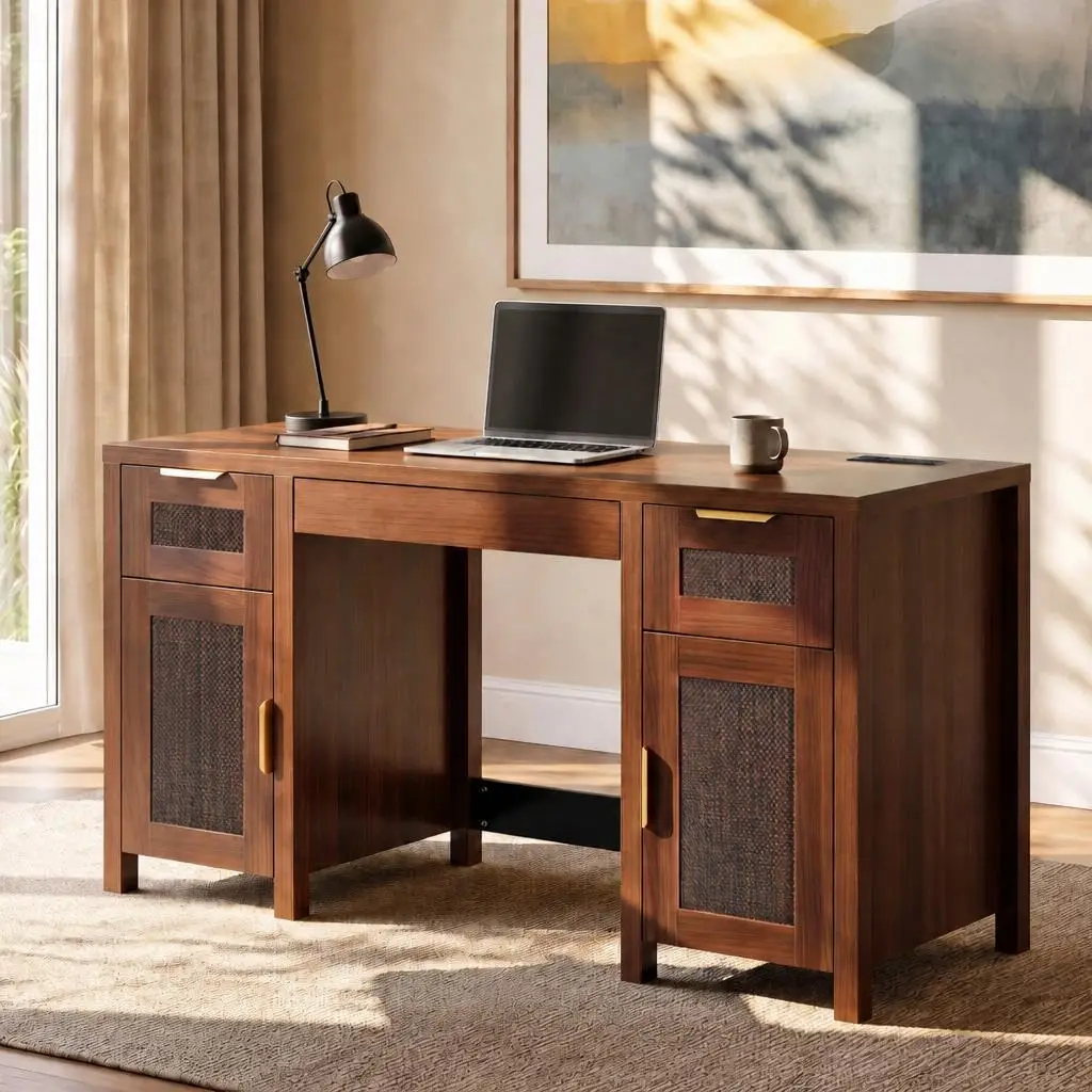 Modern Office Desk with 3 Drawers & 2-Door Cabinet, Ample Storage, Customized