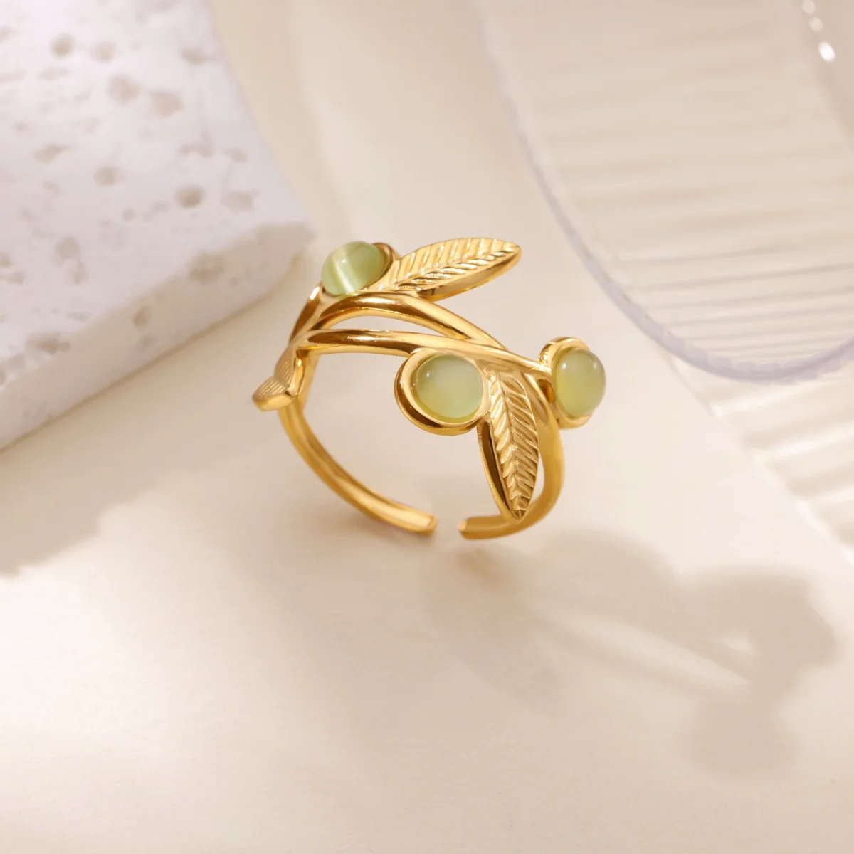 

Green Stone Leaf Rings For Women Men Gold Color Stainless Steel Leaves Ring Female Aesthetic Jewelry Party Gifts anillo hombre