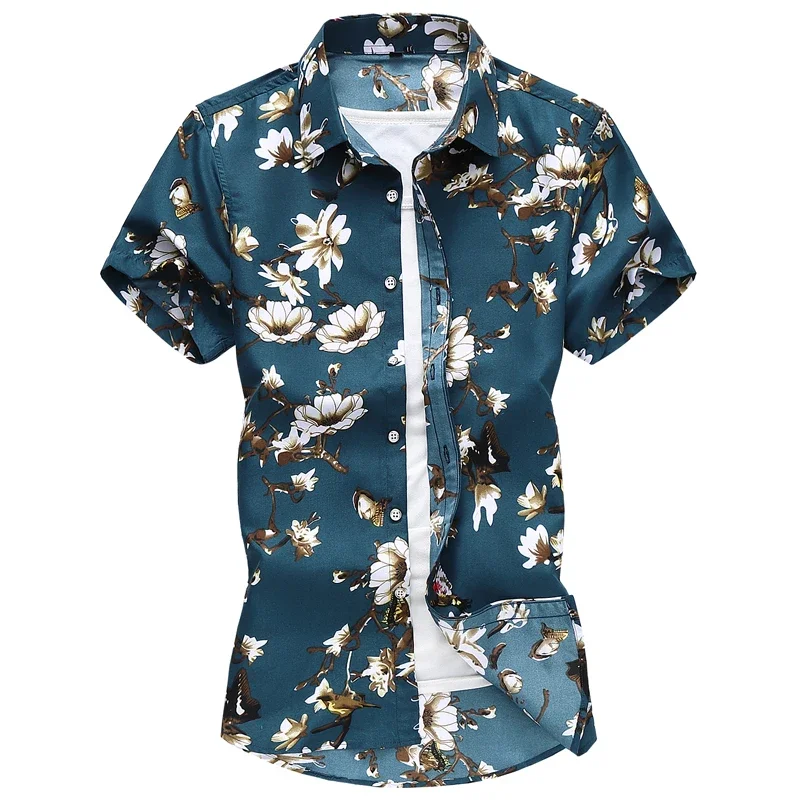

2026 Summer Men's White Short Sleeve Printed Shirt, Fashionable Casual Lapel Shirts, Asian Size Camisa M-5XL 6XL 7XL Chemise
