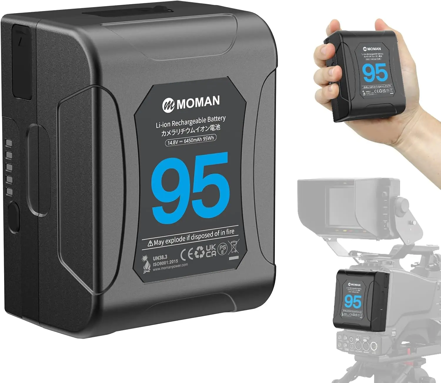 

Moman V Mount Battery Power 95 95Wh 6450mAh Micro V Lock 10A Up to 168W Draw with Dual D-TAP/USB-A/BP Outputs for BMPCC 4k 6k