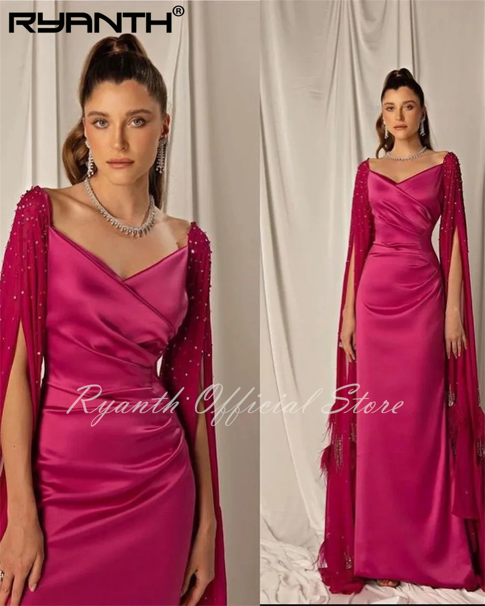 Ryanth Pink Satin Sheath Prom Gown V-neck Long Sleeved Beaded Backless Pleats Floor Length Dubai Women's Elegant Evening Dresses