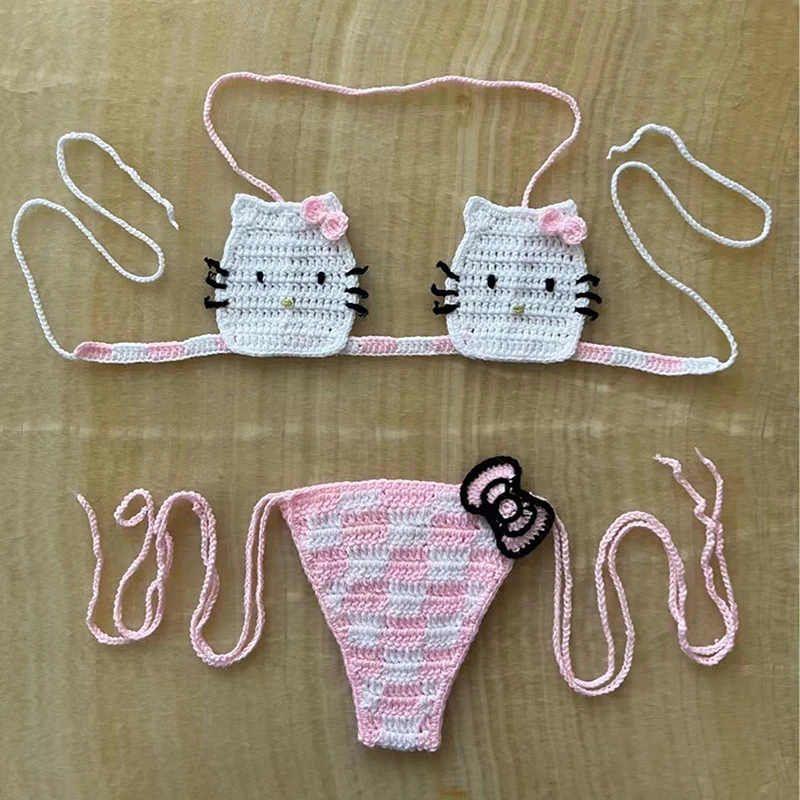 

HelloKitty Handmade Brazil Crochet String Bikini Set Sexy Bathing Suit Checkered Red and Pink Bowknot Beachwear Swim Suits