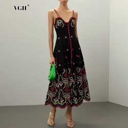 VGH Colorblock Hollow Out Embroidery Maxi Dresses For Women V Neck Sleeveless Backless High Waist Sexy Slimming Dress Female New