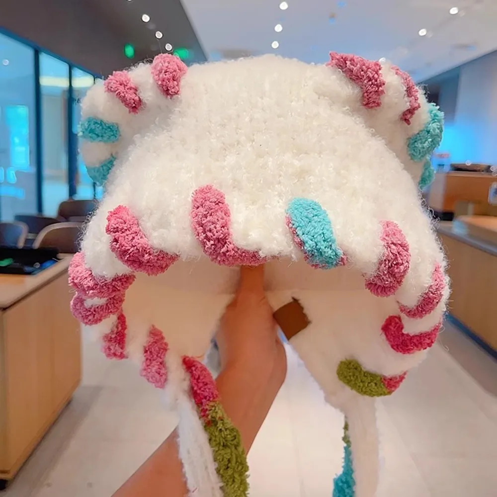 

Lightweight Warm Ear Knitted Fleeces Hat Elastic Windproof Kid Ear Protection Cap Adjustables Tassels Straps Ear Muff Hat