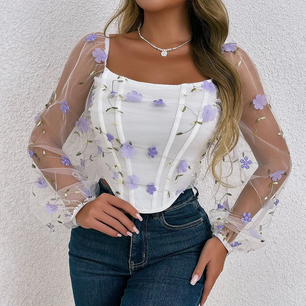 Woman clothing Sexy Mesh Long Sleeve Corset T-shirt Blouses See-through Embroidery Flowers Double Fishbone Top Corset Clothing