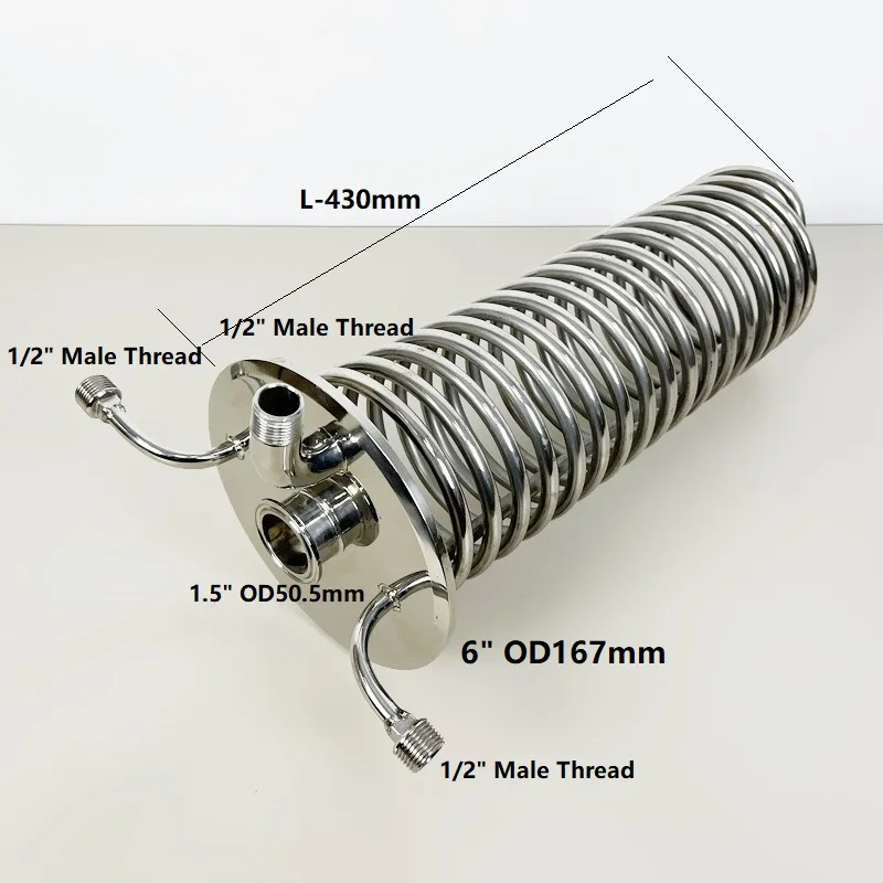 Bobina de resfriamento com três braçadeiras de 6 "com rosca macho de 3*1/2" e virola de 1,5" para destilação de fabricação caseira L-430mm, refluxo, condensador SS304