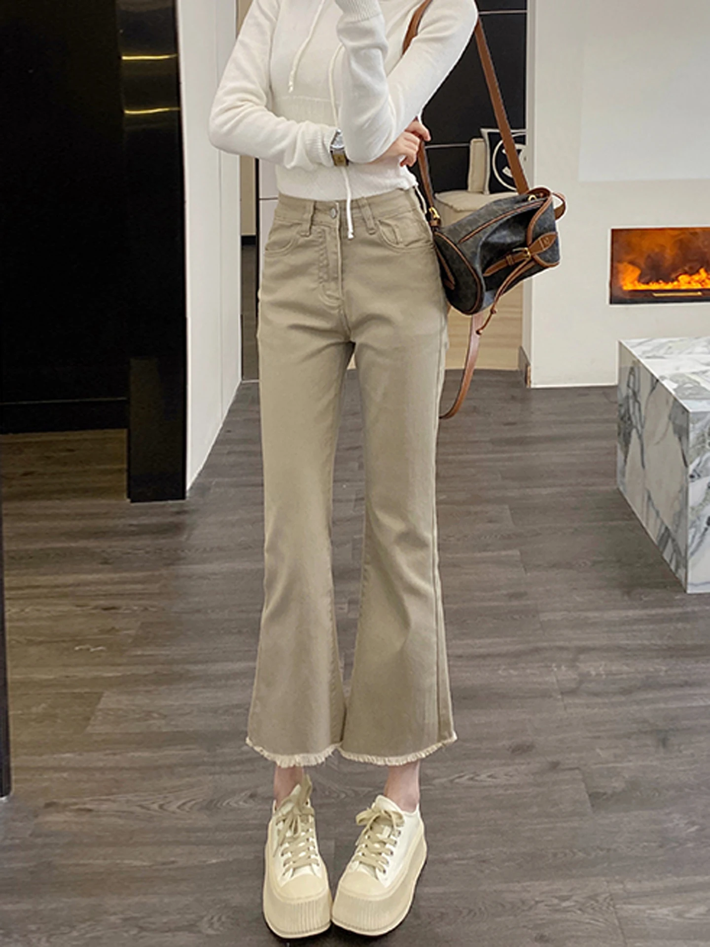 High Waist Flared Jeans Women's Light Wa Frayed Hem Straight Leg Nine Crop Pants Casual Sle Summer Season Ladies Jeans