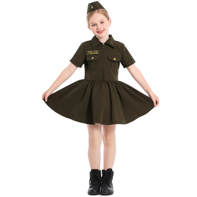 

Color Foreign Trade Children's New Models, Halloween Cosplay Professional Experience Costume Army Green Zipper Spy Dress
