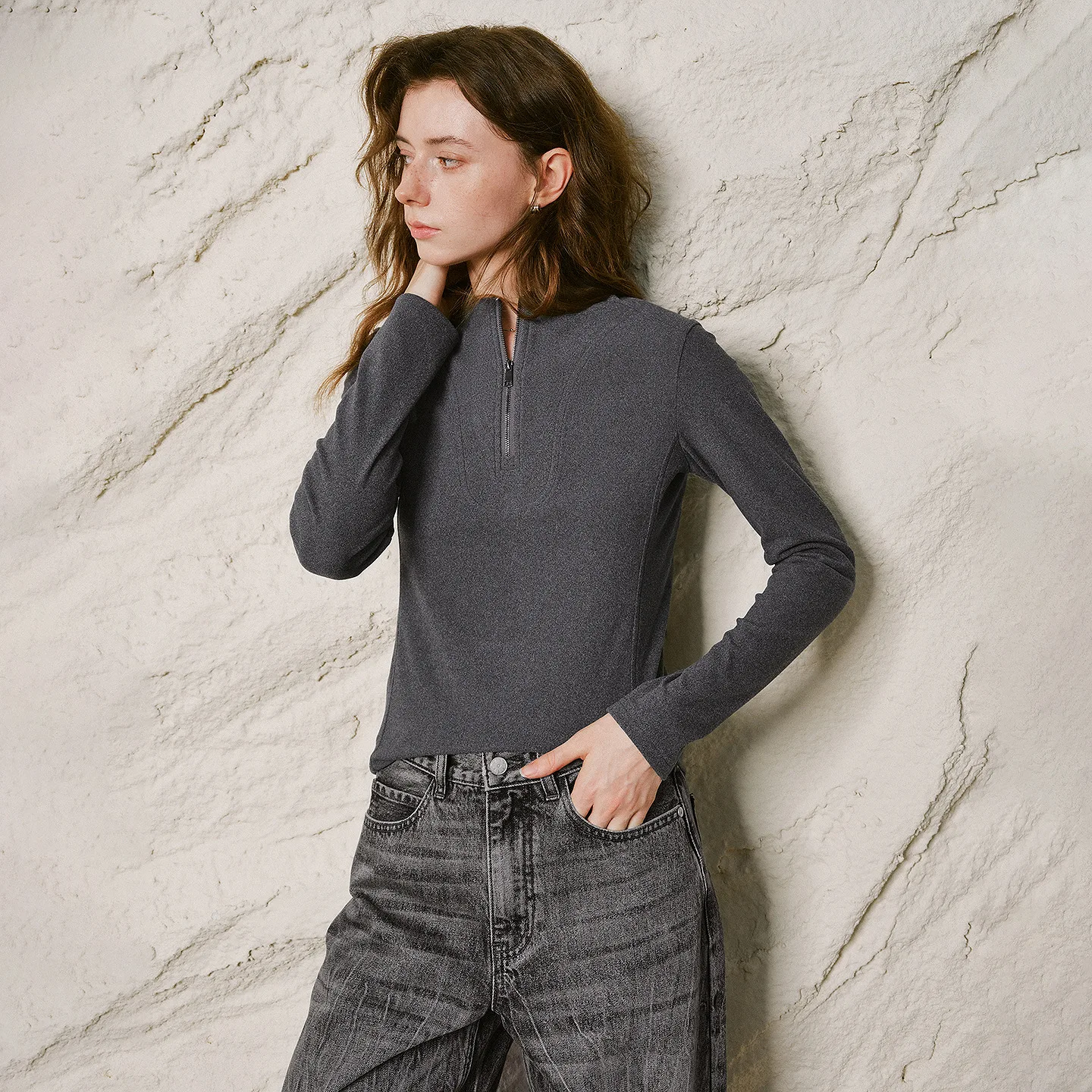 TOYOUTH Women T Shirt 2026 Winter New Half Zip Slim Fit Stand Collar Exposed Seam Soft Brushed Thermal Pullover Tops