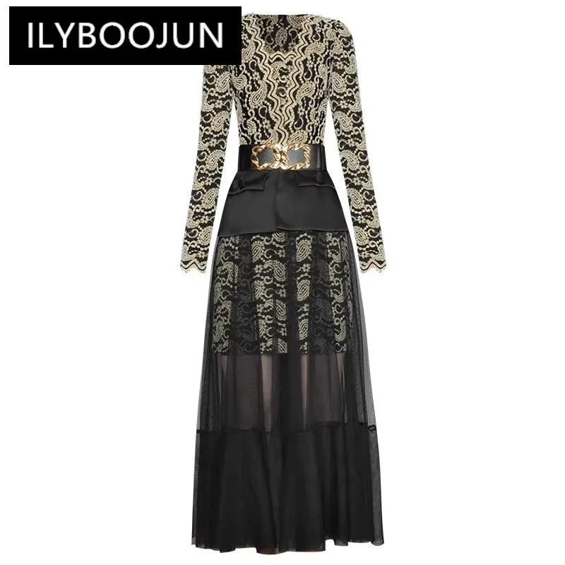

ILYBOOJUN Autumn Women's Fashion dress V-neck Long sleeved Paisley Flocking Lace up Patchwork Mesh Elegant Dresses