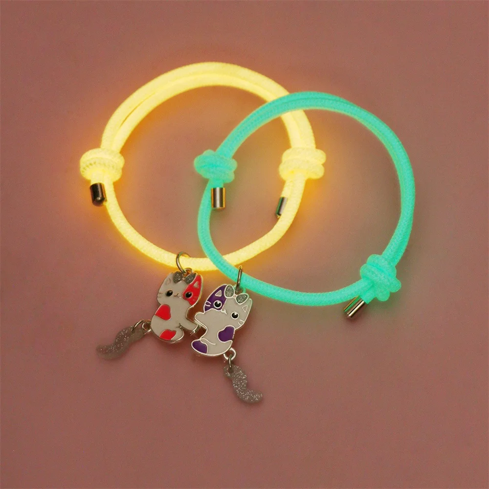 2 Pcs/set Magnetic Luminous Cat Pendant Bracelet Best Friend Bracelet Chain Bracelet Adjustable Party Accessories Jewelry