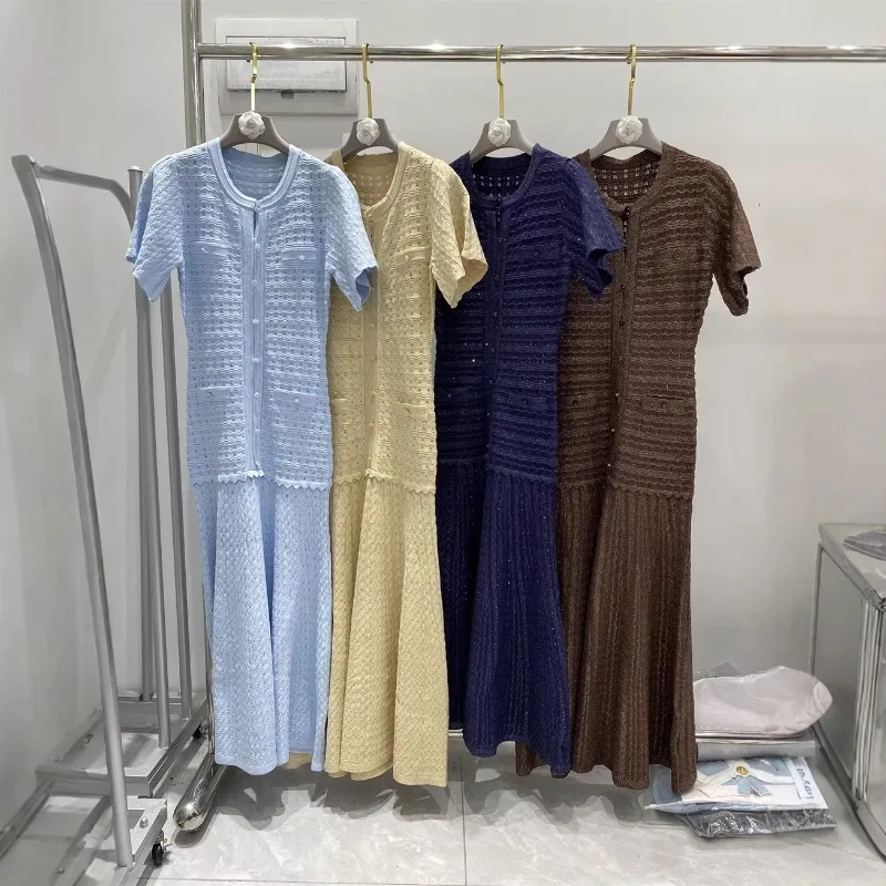 OLEKID Sommer-Maxikleid für Damen, Ausgehöhltes Kleid mit Puffärmeln, Schlanker Rundhalsausschnitt, Alltagskleid für Damen, Frühherbst