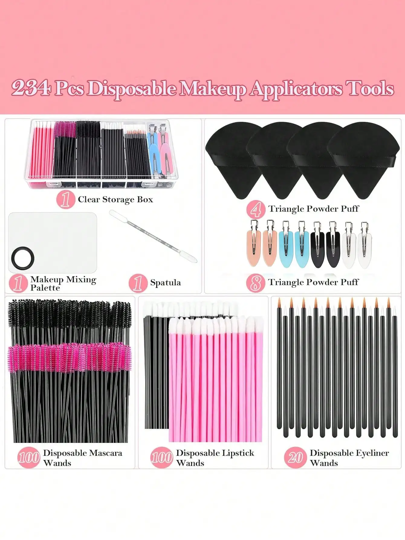 Disposable Multi‑type Makeup Tool Kit Lash Brush Lip Applicator Powder Puff Manicure Supplies Set