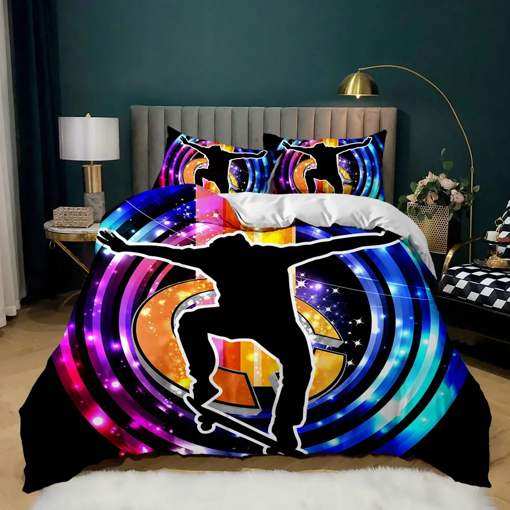 Skateboard Duvet Cover Set Hip Hop Style Bedding Set Colorful Rainbow Tie-Dye Hippie Abstract Graffiti Art Polyester Qulit Cover