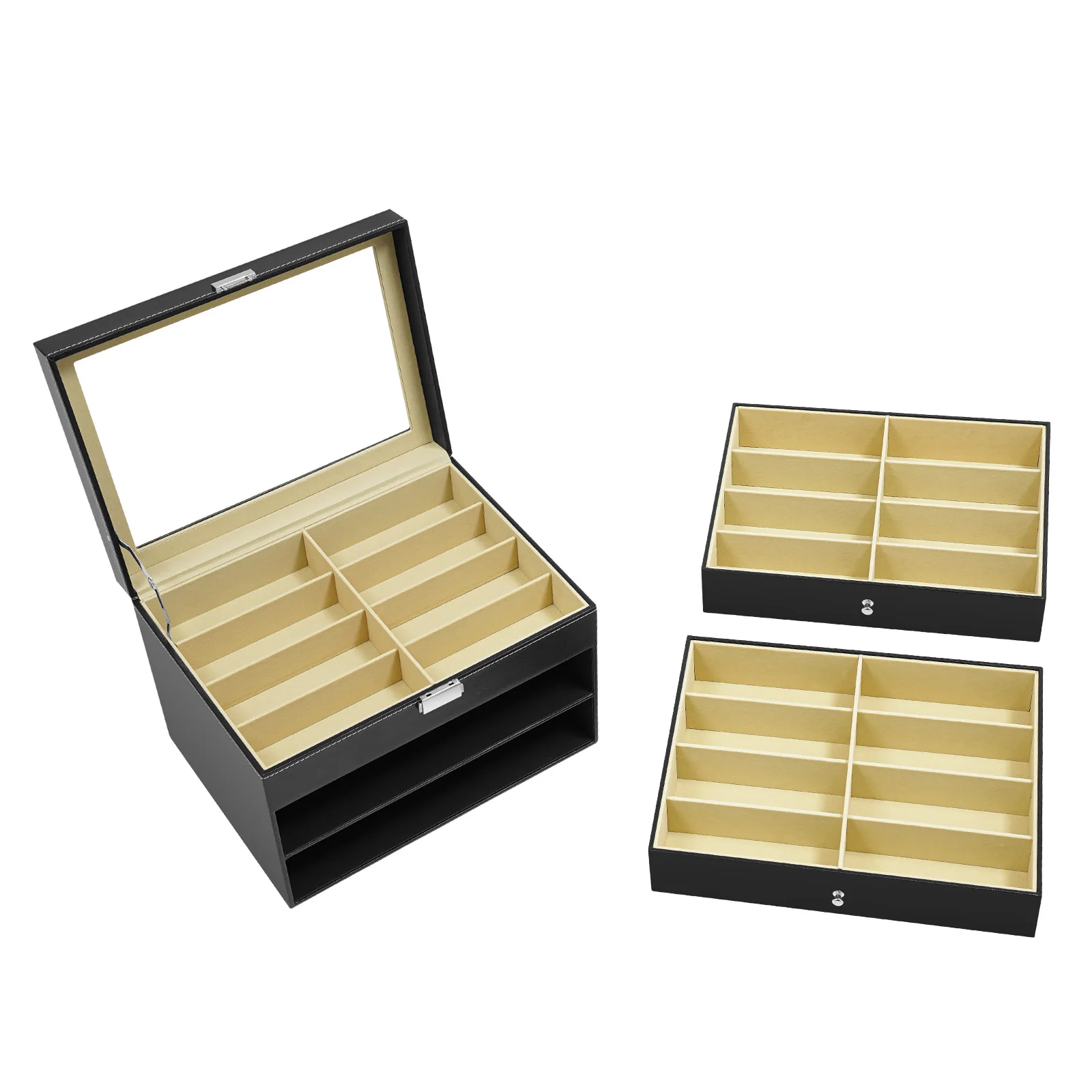 3 Tiers Eyeglasses Display Case,Sunglass Glasses Display Drawer 24 Compartments,Jewelry Organize Box Black for Exhibitions,Homes