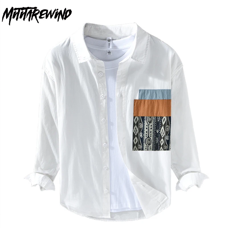 

2024 Spring and Summer New White Shirt Men Street Casual Loose Long Sleeve Shirt Pure Cotton Patchwork Printed Shirt Fashion Top