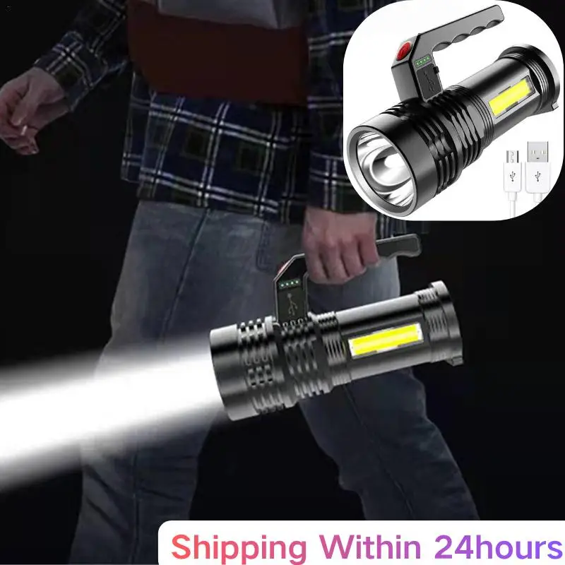 LED Bright Flashlight USB Rechargeable With Side Light Searchlight Zoomable Night Working Emergency Light Outdoor Waterproof