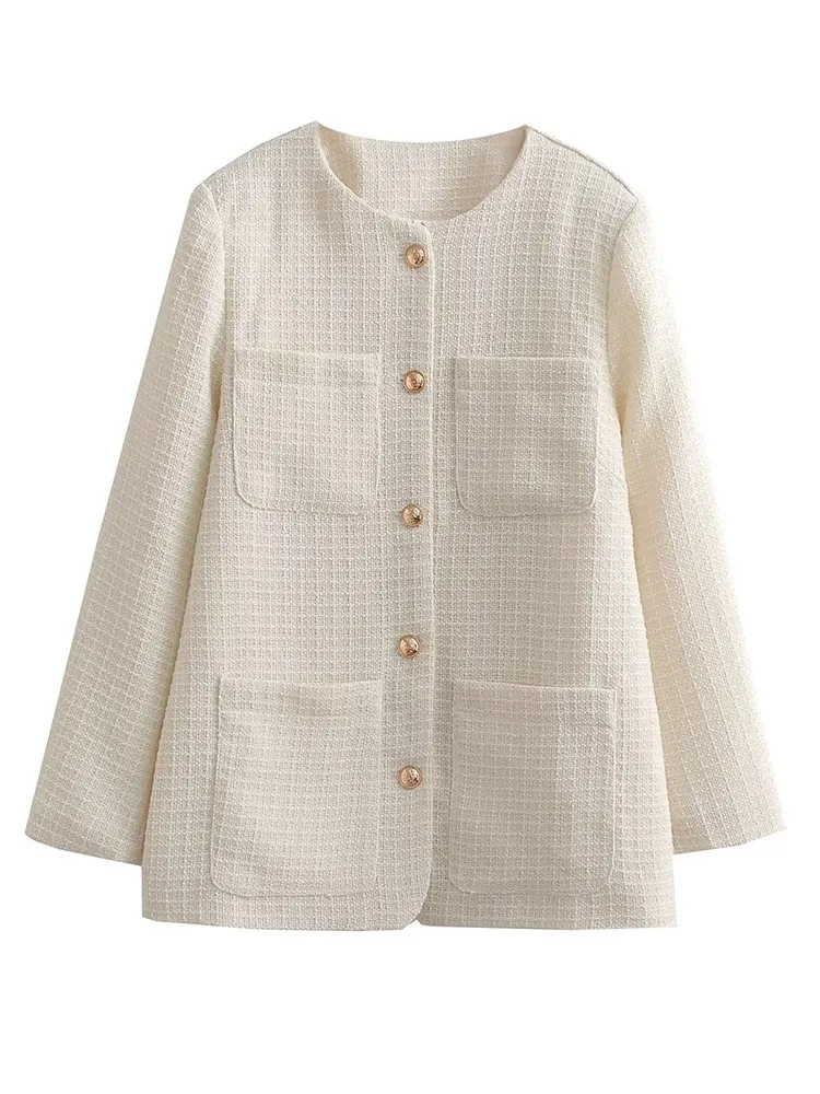 Elegante cappotto blazer in tweed donna 2025 nuova moda autunnale abito ampio vintage beige casual blazer monopetto con tasca o collo