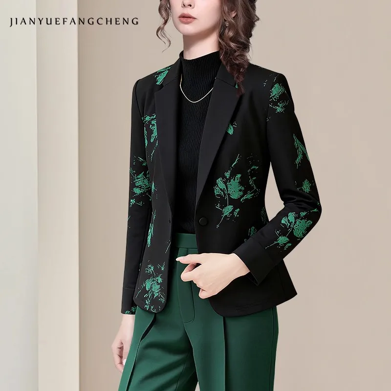 

Модный женский черный повседневный пиджак с принтом зеленых листьев и длинными рукавами, офисный пиджак с открытой передней частью