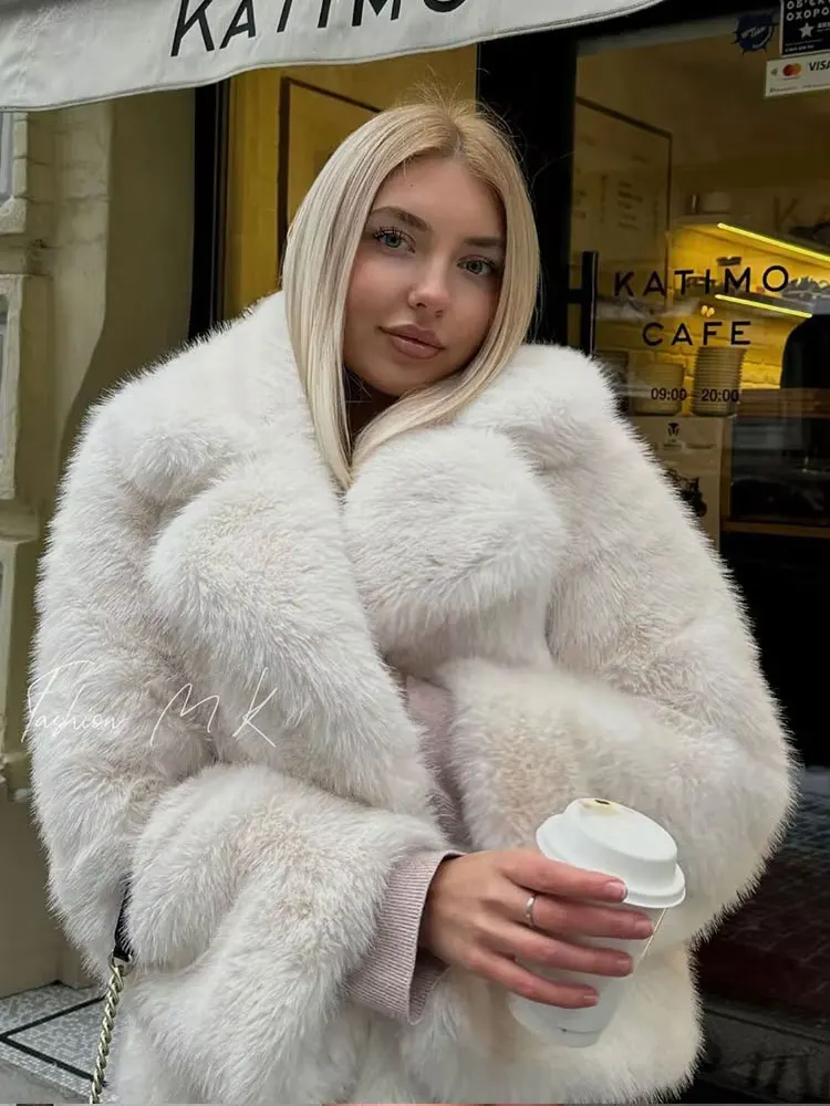 HH Female Elegant Solid 3-Color Faux Fur Effect Long Sleeve Cardigan Coat Winter Women's High Street Pockets Coat Mujer