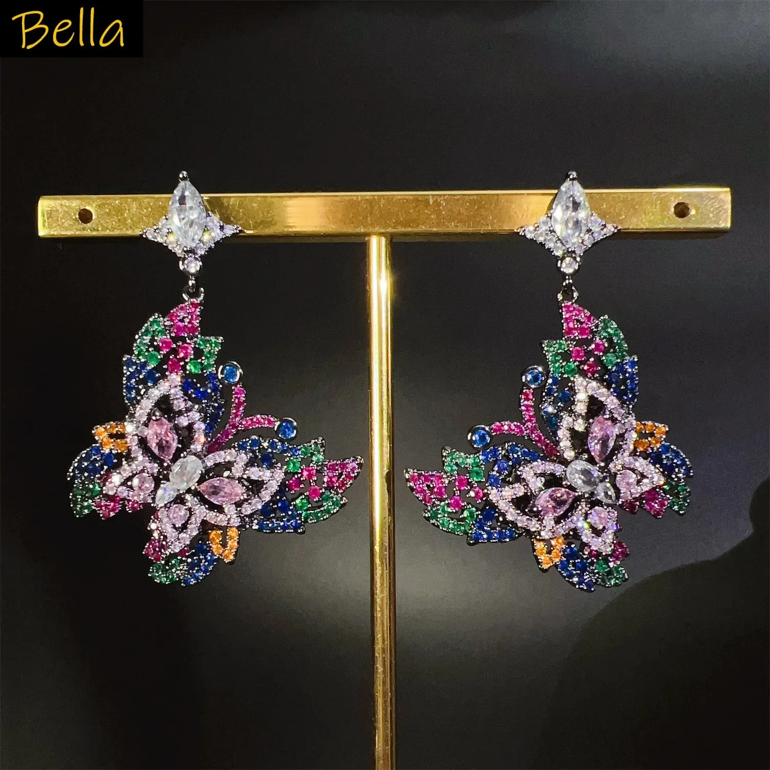 الأزرق الأسود فراشة أقراط الزركون لامعة مجوهرات فاخرة زفاف العروس عشاء حفلة أنثى هدية للذكرى السنوية الحلو