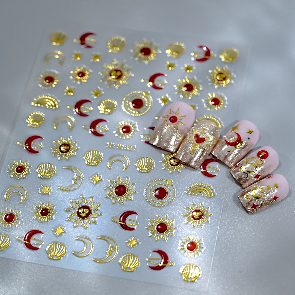 1 Uds. Pegatinas 5D metálicas doradas de amor/estrella/luna para decoración de uñas, gemas de corazón rojo bohemio, deslizador adhesivo, calcomanías de manicura para el Día de San Valentín *