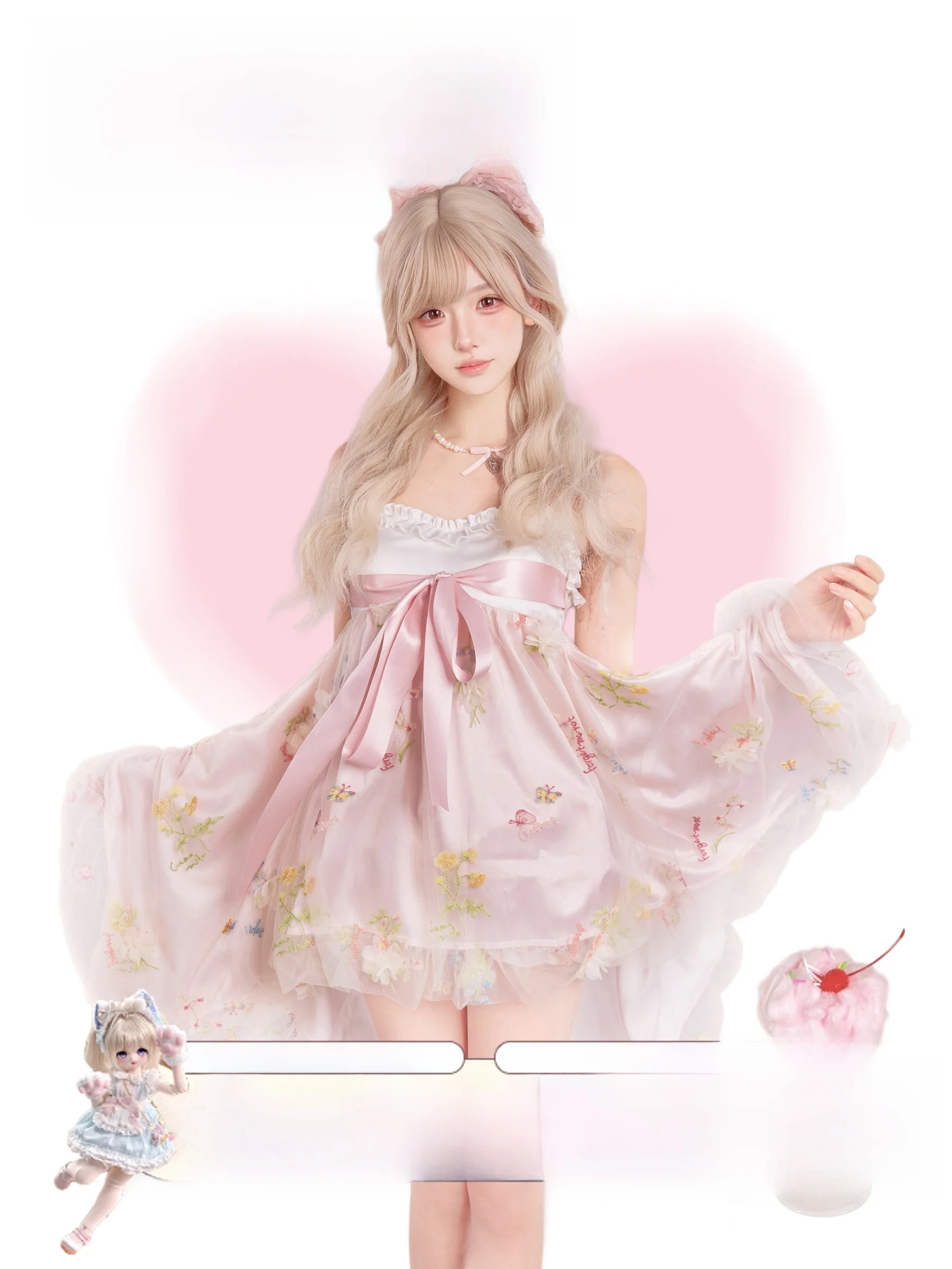 Summer New Style Girl Coconut Loose Strap Dress Pink And White Holiday Series Floral Cloud Silk A-Line Skirt Short Sleeve