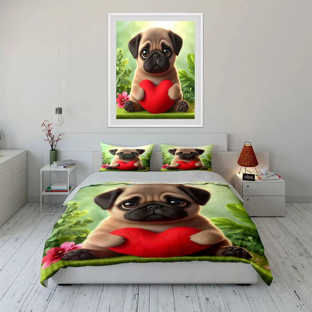 Cute puppy holding red heart Pattern Duvet Cover Set Digital Print Colorful Polyester Bedding with Zipper Closur for kids gifts