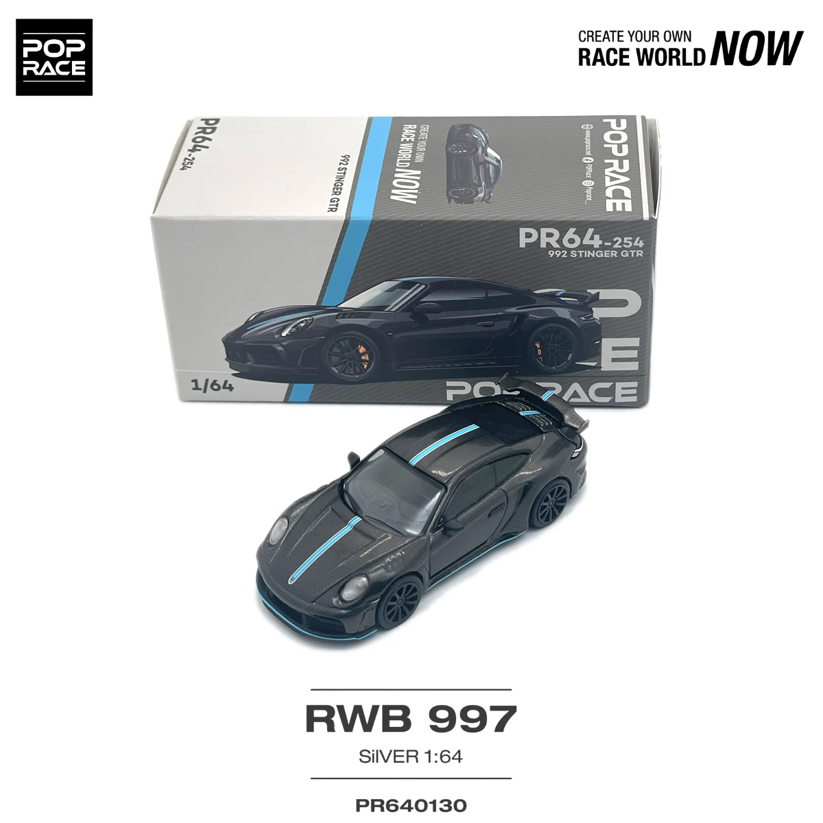 In Stock Pop Race 1:64 Porsche 992 Stinger GTR Full Carbon Fiber Light Blue Stripe Supercar Diecast Model Car PR640254
